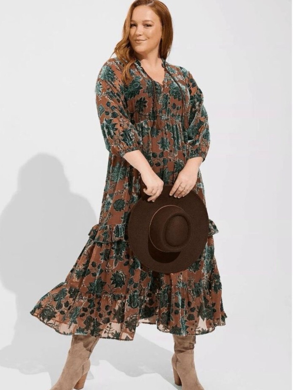 torrid Rust Velvet Burnout Floral Dress with Teal Floral - Picture 1 of 4